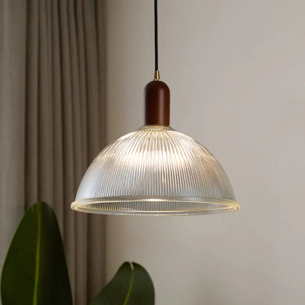 Vintage Ribbed Glass Bowl Pendant Light For Restaurants Clear / 15
