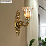 Vintage Ribbed Glass Flower Wall Sconce With Brass 1/2 Heads: Retro Style Mount Lamp
