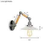 Vintage Ribbed Glass Saucer Wall Sconce With Extendable Wooden Arm For Study Room Lighting