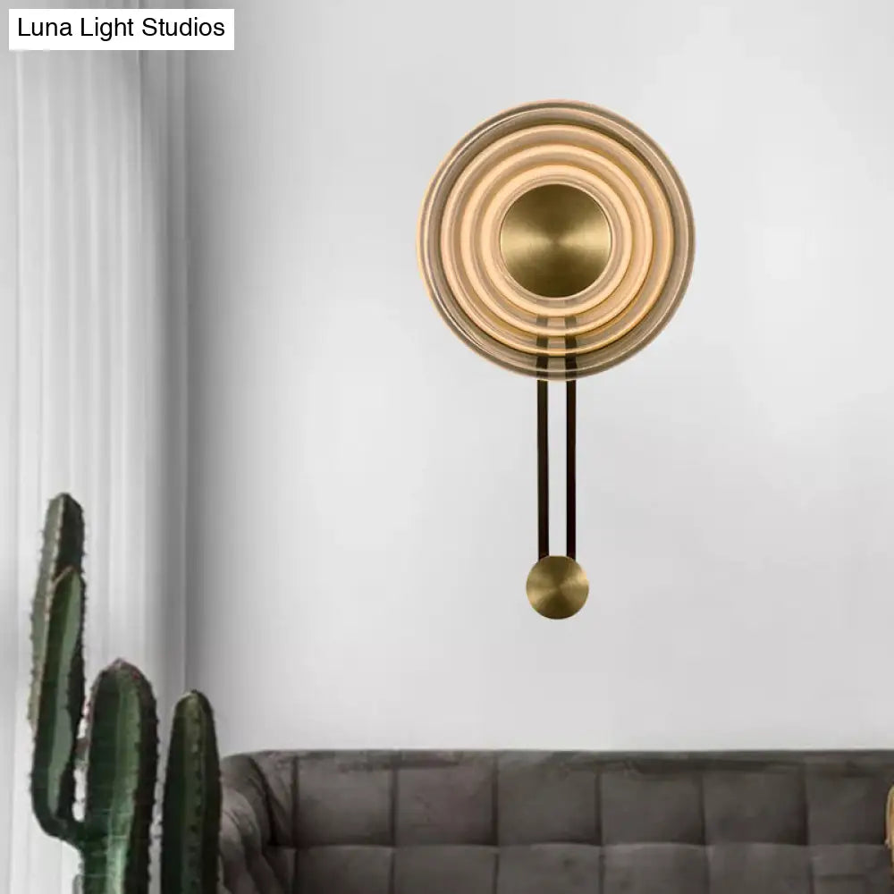 Vintage Rippled Glass Oriental Gong Bell Flush Wall Sconce Antiqued Gold Lounge Fixture