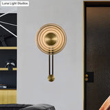 Vintage Rippled Glass Oriental Gong Bell Flush Wall Sconce Antiqued Gold Lounge Fixture
