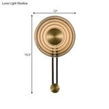 Vintage Rippled Glass Oriental Gong Bell Flush Wall Sconce Antiqued Gold Lounge Fixture