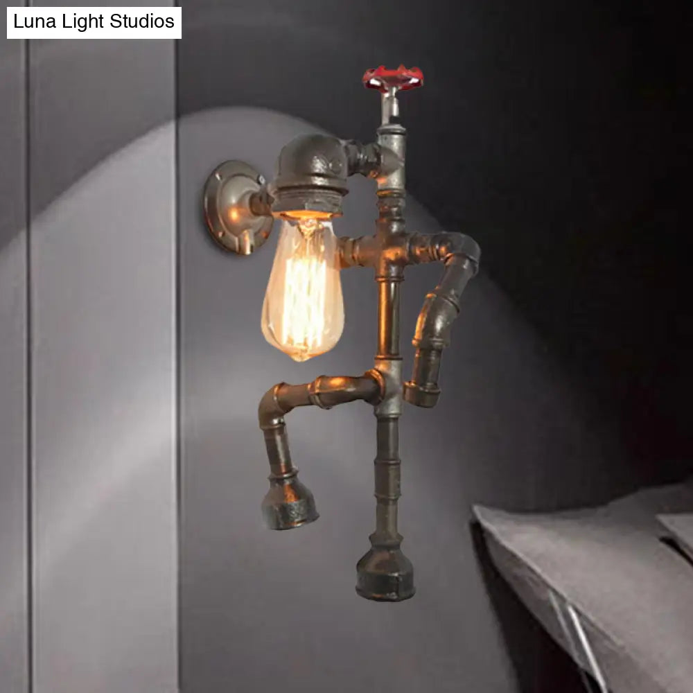 Vintage Robot Sconce Light With Exposed Bulb And Red Valve - Bronze Finish For Hallway Wall Lighting