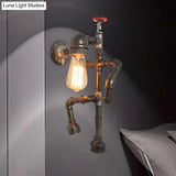 Vintage Robot Sconce Light With Exposed Bulb And Red Valve - Bronze Finish For Hallway Wall Lighting