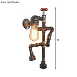 Vintage Robot Sconce Light With Exposed Bulb And Red Valve - Bronze Finish For Hallway Wall Lighting