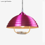 Vintage Rose Red/Nickel Domed Hanging Light Pendant With Ribbed Design - Indoor Metal Lighting 1