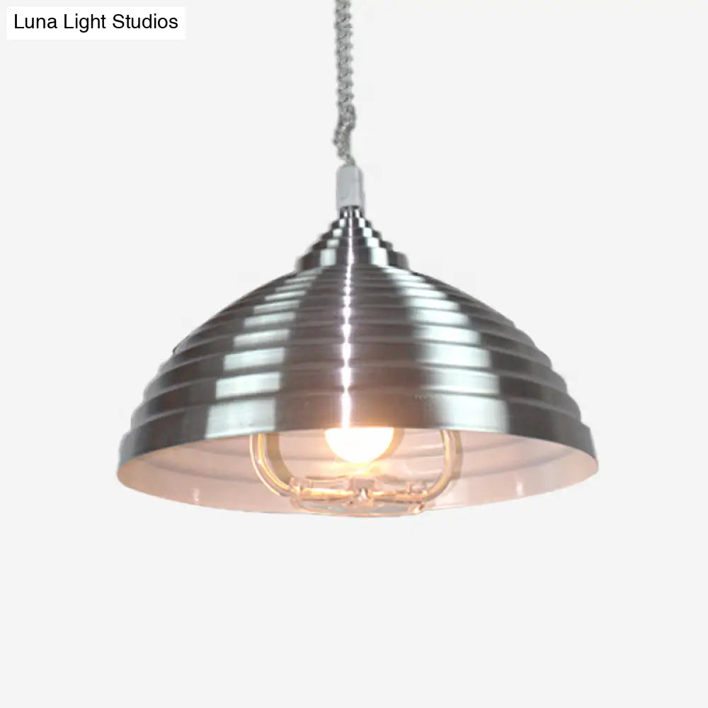 Vintage Rose Red/Nickel Domed Hanging Light Pendant With Ribbed Design - Indoor Metal Lighting 1