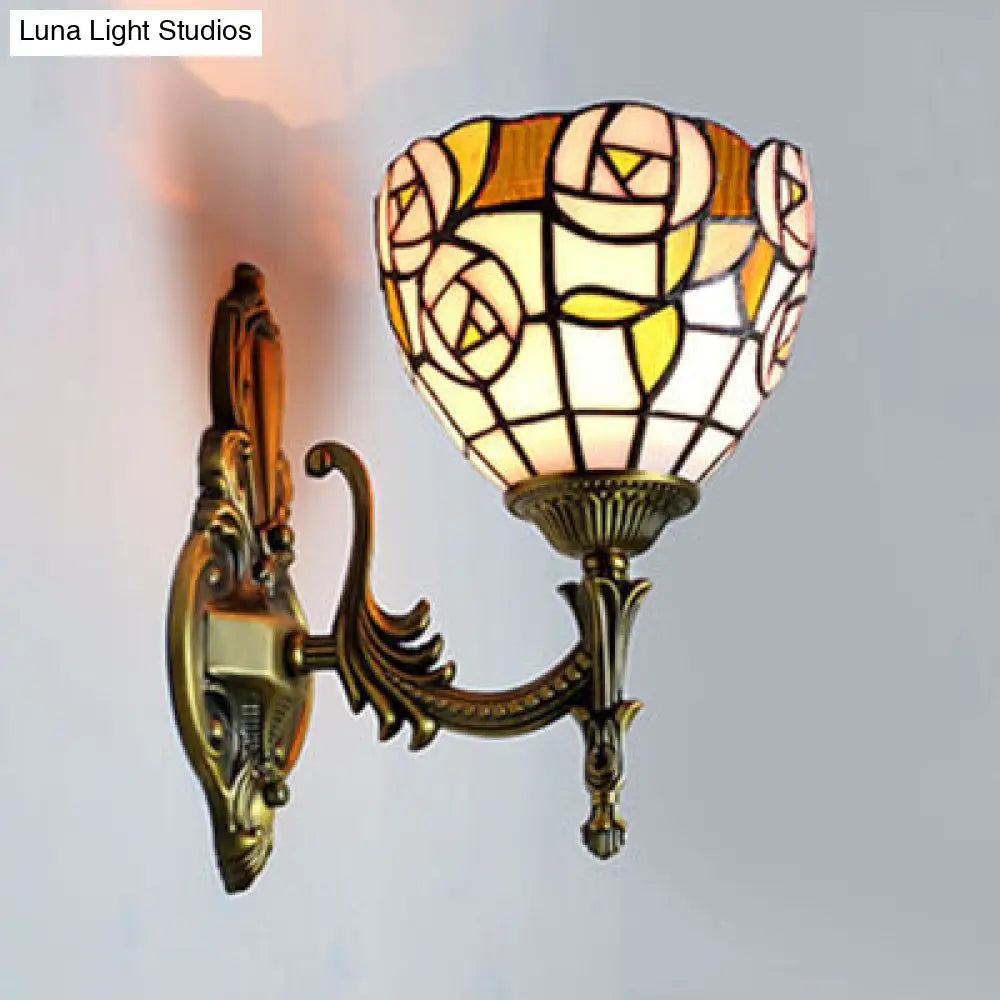 Vintage Rose Stained Glass Wall Mount Light - Pink Foyer Lighting