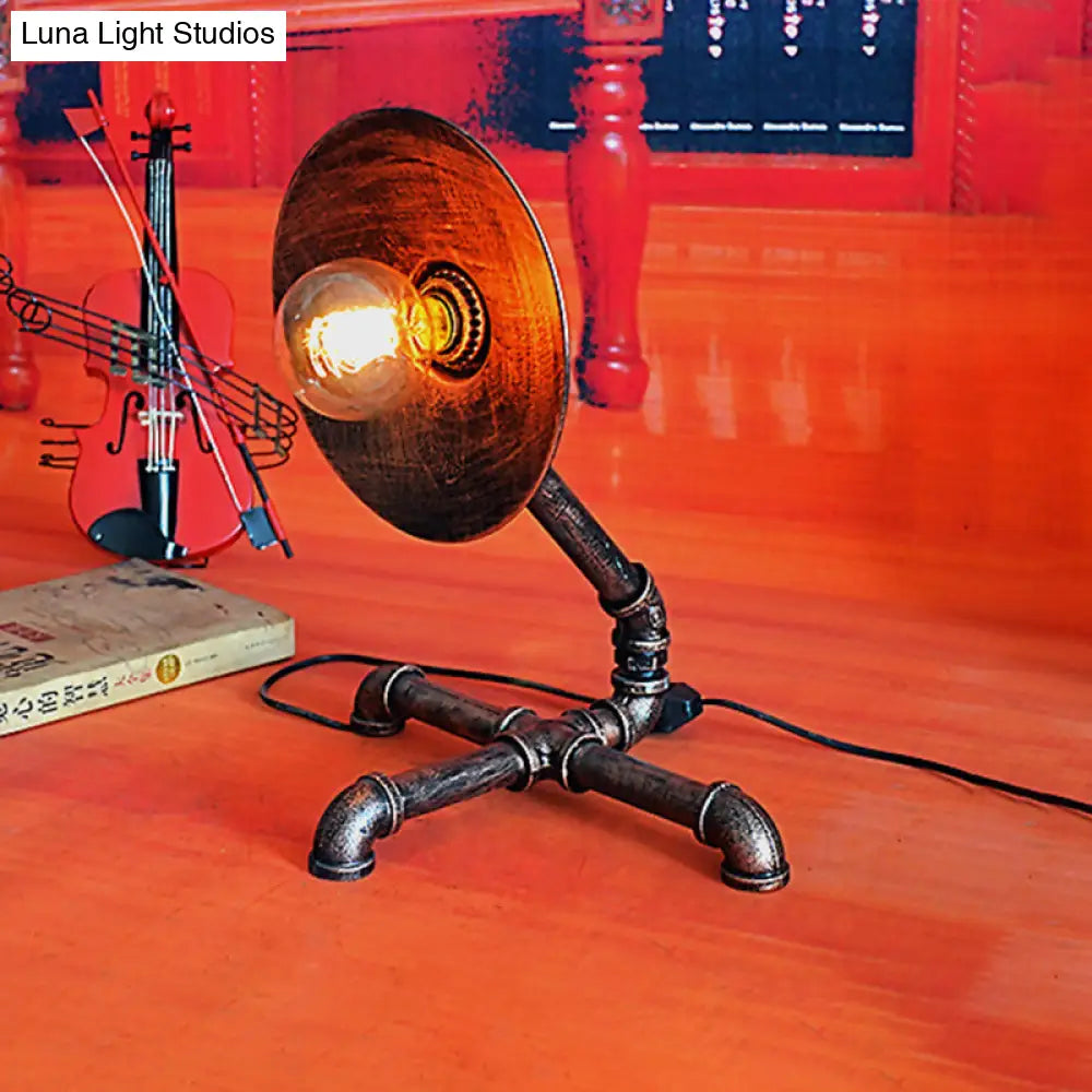Vintage Round Table Lamp With Metal Shade & Pipe-Like Base - Antique Style Rust Finish Ideal For