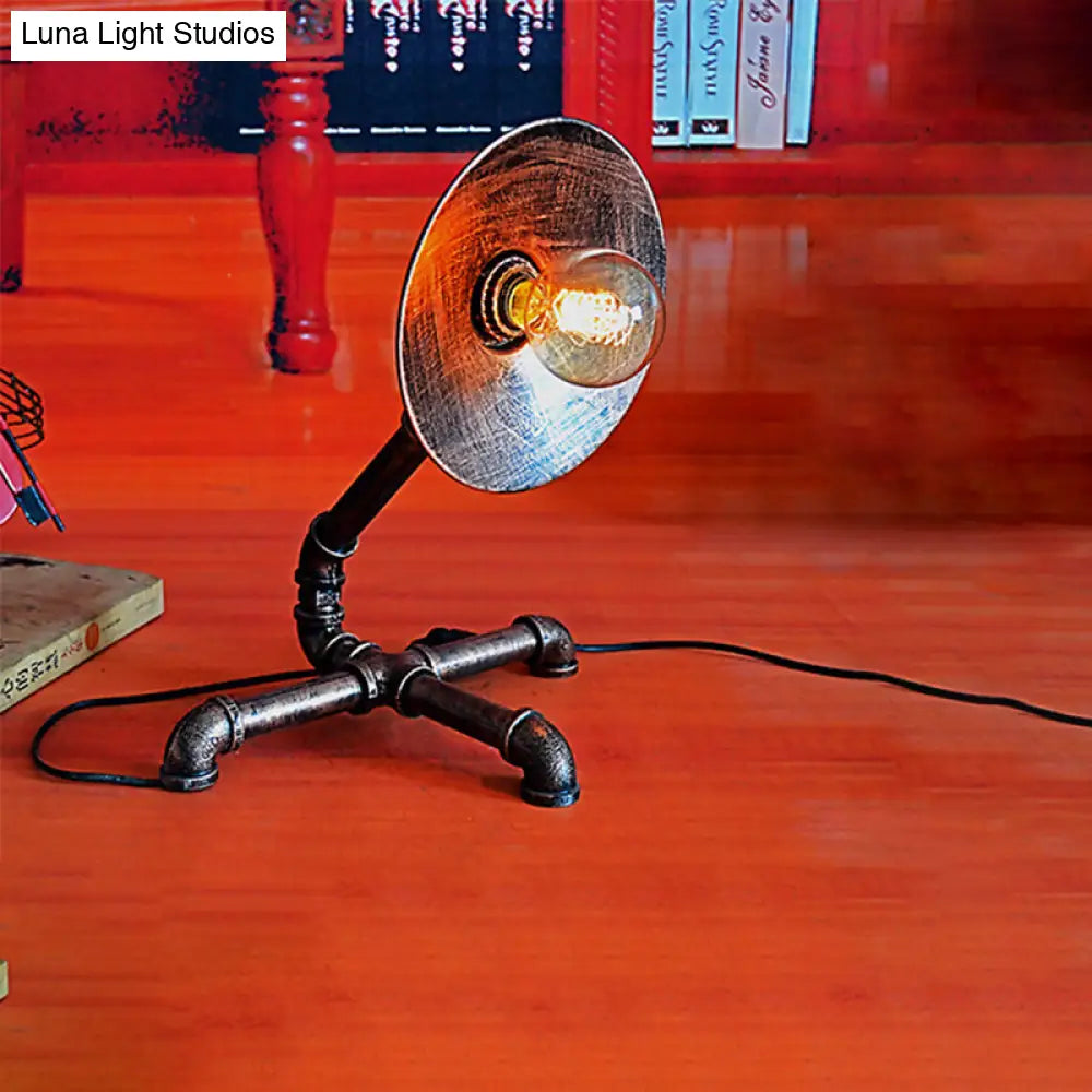 Vintage Round Table Lamp With Metal Shade & Pipe-Like Base - Antique Style Rust Finish Ideal For