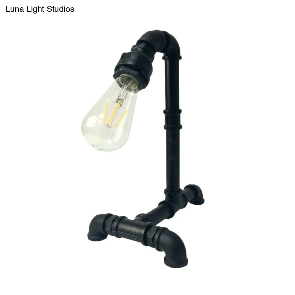 Vintage Rust/Black Metal Arm Night Table Plug-In Lamp With Exposed Bulb