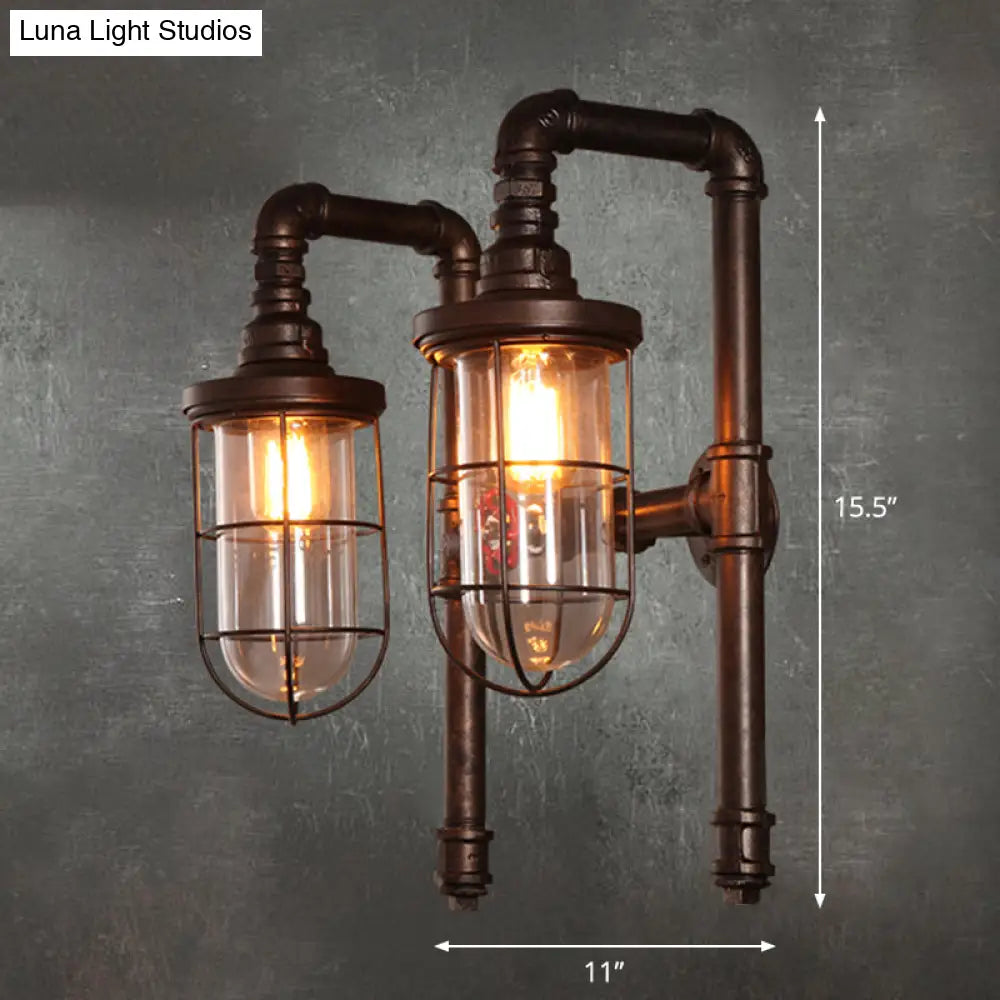 Vintage Rust Elongated Dome Wall Light Fixture With Clear Glass 2 Heads And Metallic Cage - Ideal