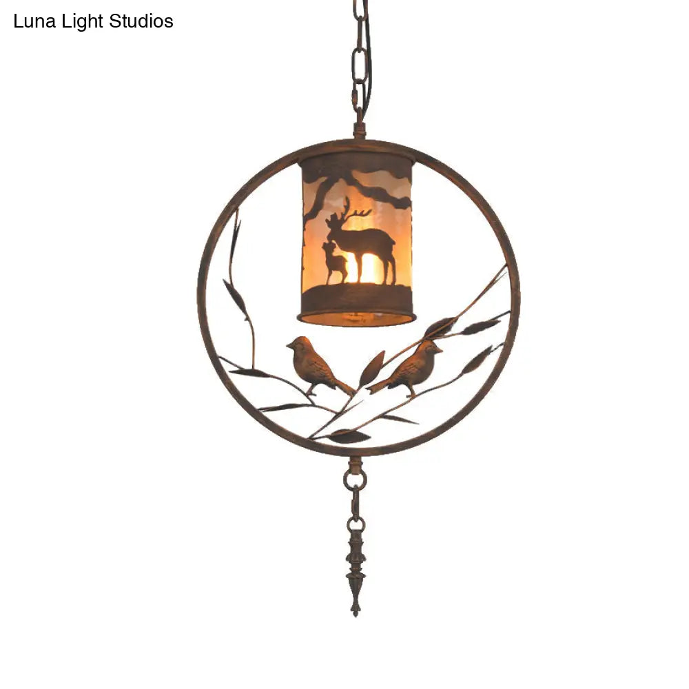 Vintage Rustic Cylinder Wall Sconce With Fabric Bird Accent - 1-Light Metal Lamp For Dining Room
