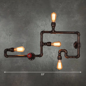 Vintage Rustic Iron Pipe Wall Light Fixture With 4 Lights And Valve Handle For Restaurants Rust