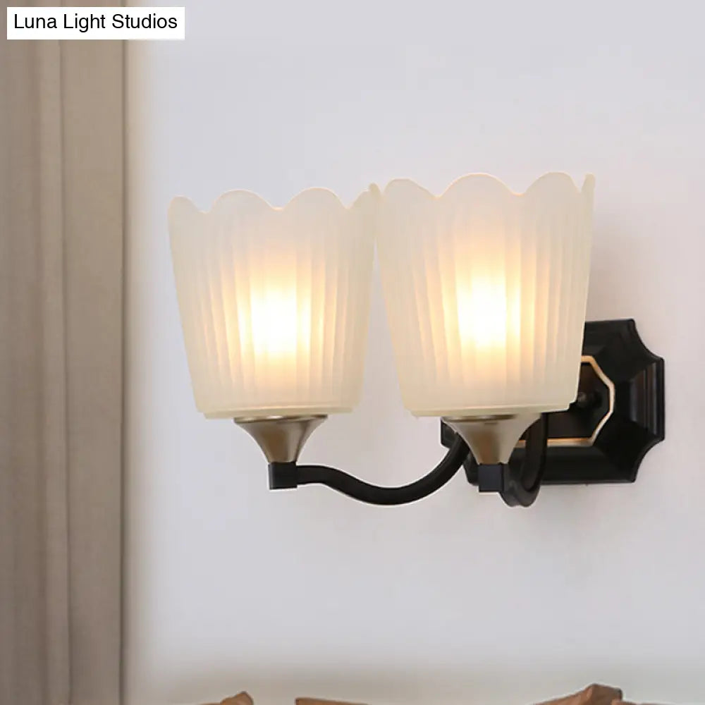 Vintage Scalloped Cup Wall Sconce With Frosted Glass And Black Finish