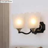 Vintage Scalloped Cup Wall Sconce With Frosted Glass And Black Finish