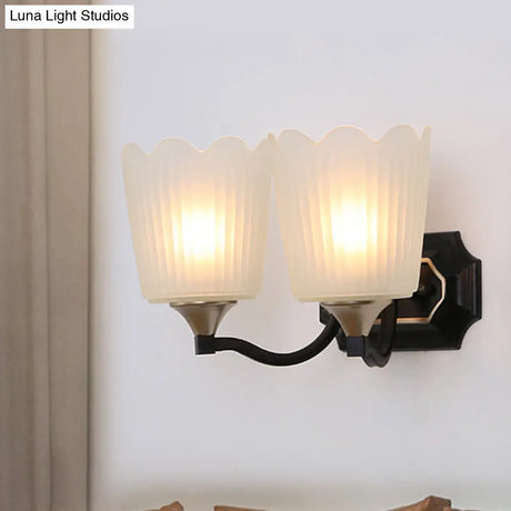Vintage Scalloped Cup Wall Sconce With Frosted Glass And Black Finish