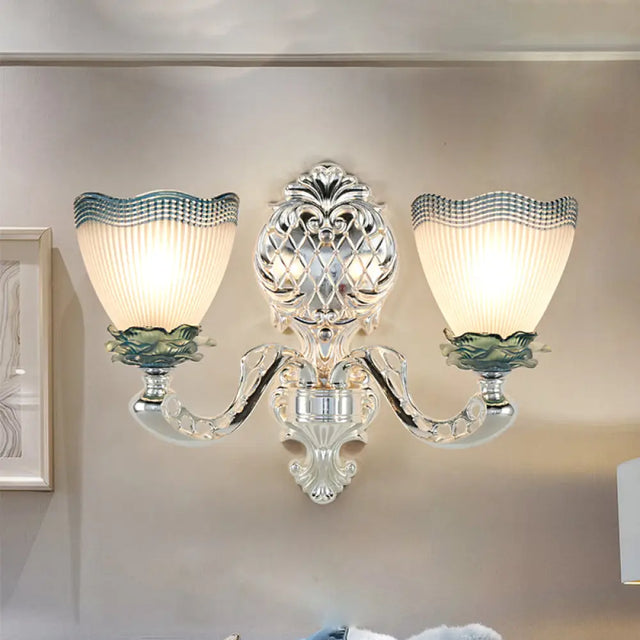 Vintage Scalloped Opal Ribbed Glass Wall Mounted Light With 2 Heads - Silver