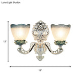 Vintage Scalloped Opal Ribbed Glass Wall Mounted Light With 2 Heads - Silver
