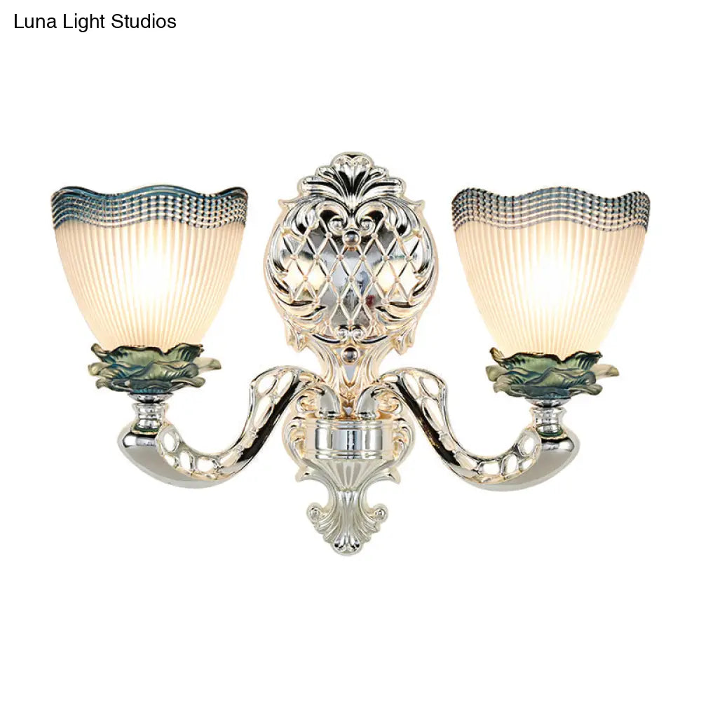 Vintage Scalloped Opal Ribbed Glass Wall Mounted Light With 2 Heads - Silver