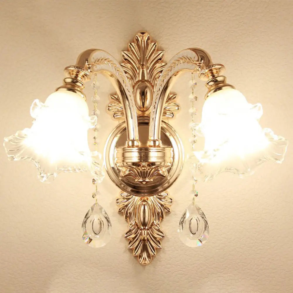 Vintage Silver Wall Sconce With Frosted Glass Blossom Shade And Crystal Deco 2 / Down