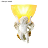 Vintage Silver/White/Beige Resin Angel Wall Lamp With Amber Fluted Glass Shade