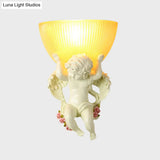 Vintage Silver/White/Beige Resin Angel Wall Lamp With Amber Fluted Glass Shade