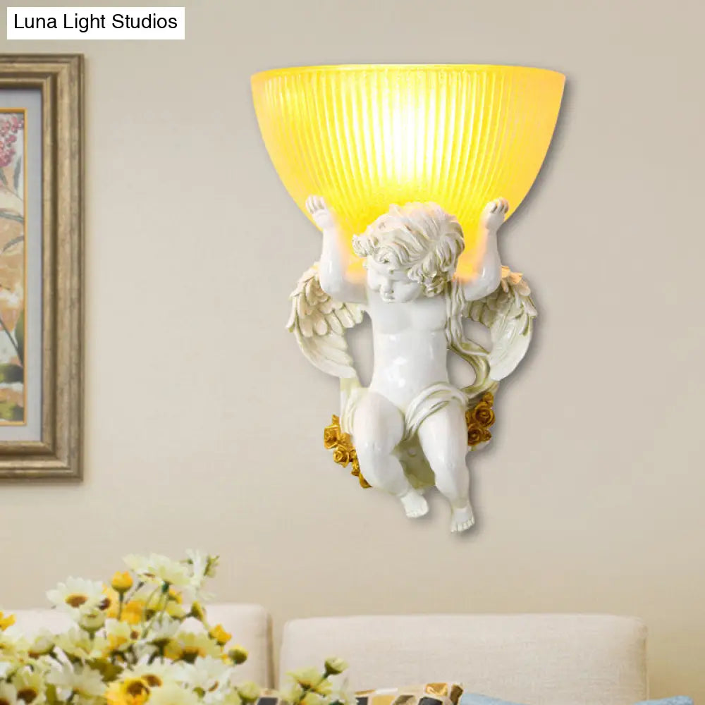Vintage Silver/White/Beige Resin Angel Wall Lamp With Amber Fluted Glass Shade