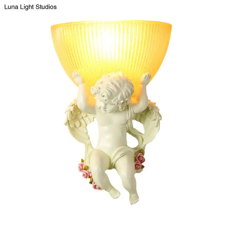 Vintage Silver/White/Beige Resin Angel Wall Lamp With Amber Fluted Glass Shade