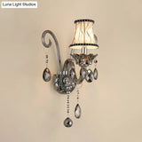Vintage Smoke Gray Crystal Bell Sconce - Half-Bulb Retro Wall Lamp With Fabric Shade For Living Room
