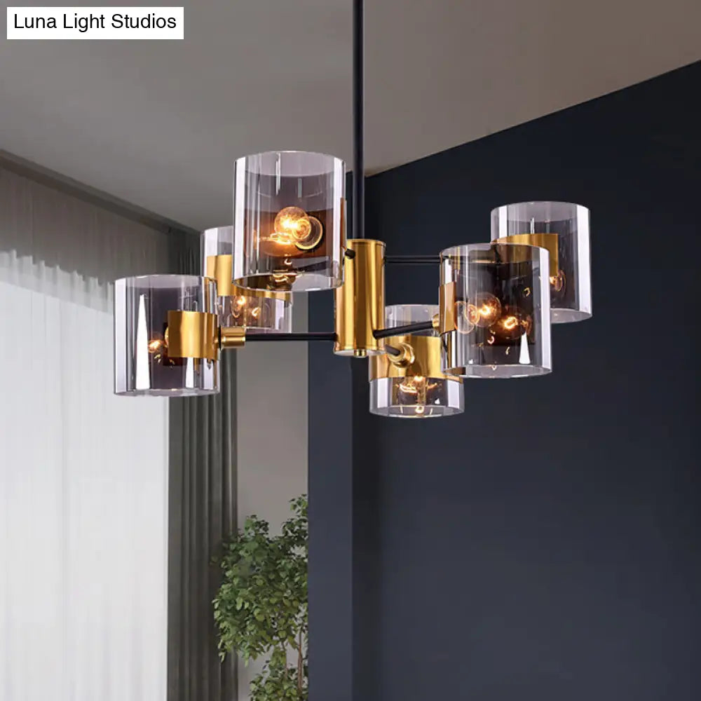 Vintage Smoke Grey Glass Ceiling Lamp With 6 Lights Semi-Flush Mount For Dining Table - 2-Tiered In