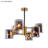 Vintage Smoke Grey Glass Ceiling Lamp With 6 Lights Semi-Flush Mount For Dining Table - 2-Tiered In