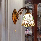 Vintage Stained Glass Bell Wall Sconce: Bedroom Lighting With Flower Pattern Beige / Switch