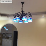 Vintage Stained Glass Chandelier Handcrafted Floral Hanging Light For Hall