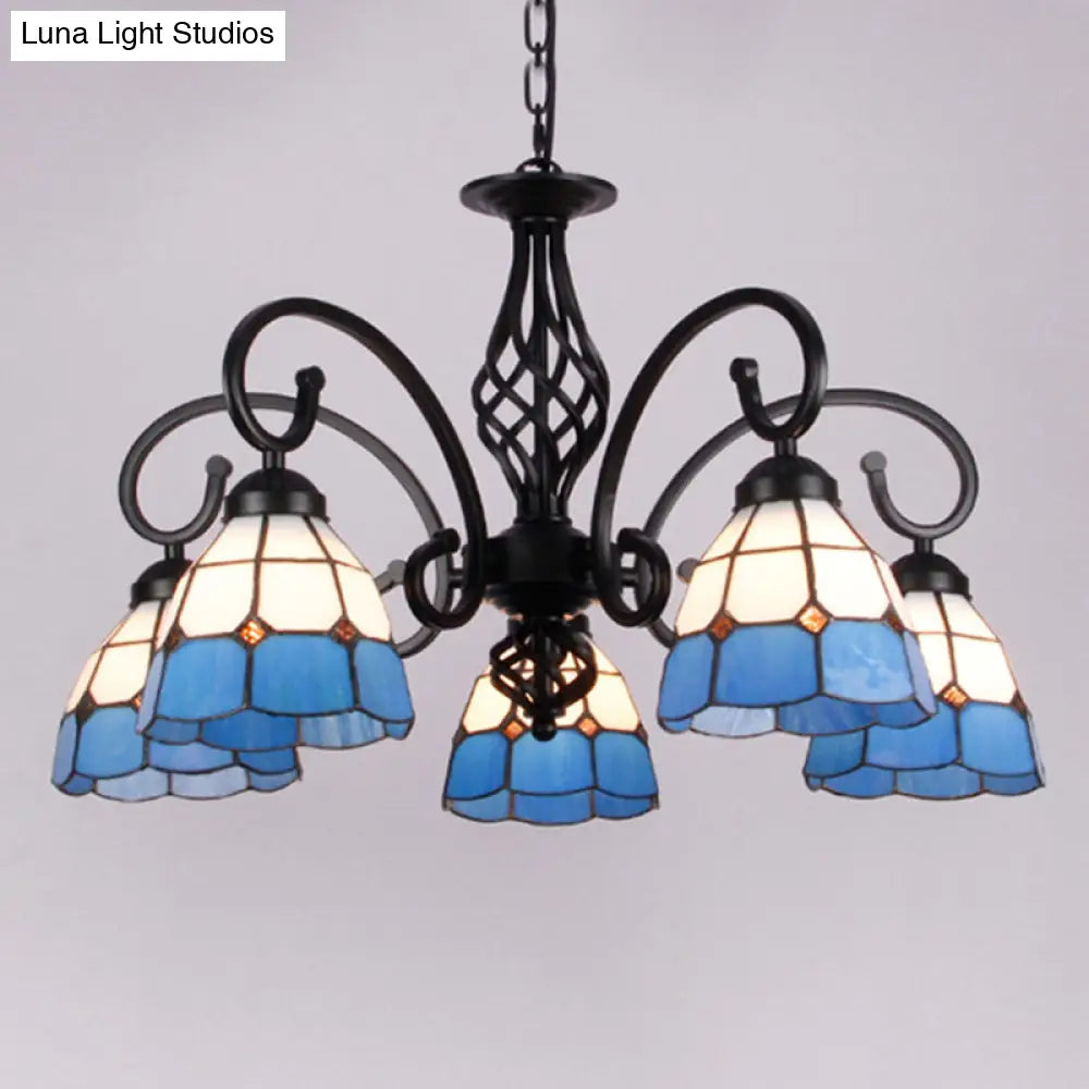 Vintage Stained Glass Chandelier Handcrafted Floral Hanging Light For Hall