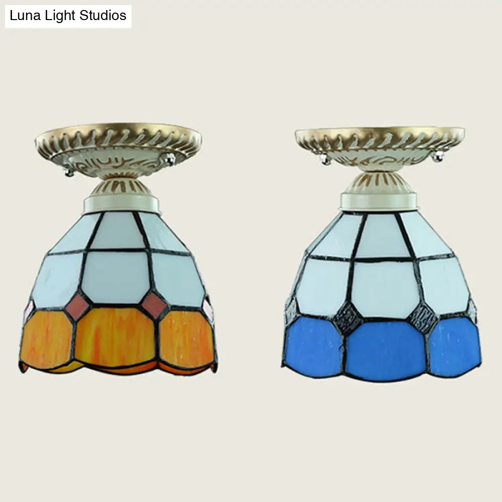 Vintage Stained Glass Dome Ceiling Light Fixture In Orange/Blue For Hallway