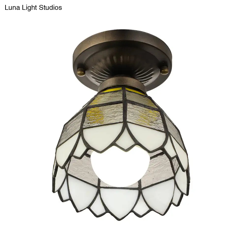 Vintage Stained Glass Domed Flush Mount Light Fixture For Bedroom