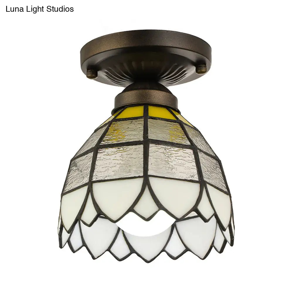 Vintage Stained Glass Domed Flush Mount Light Fixture For Bedroom