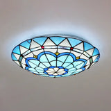 Vintage Stained Glass Flush Mount Ceiling Light In Blue - 12/16 Bowl Shape