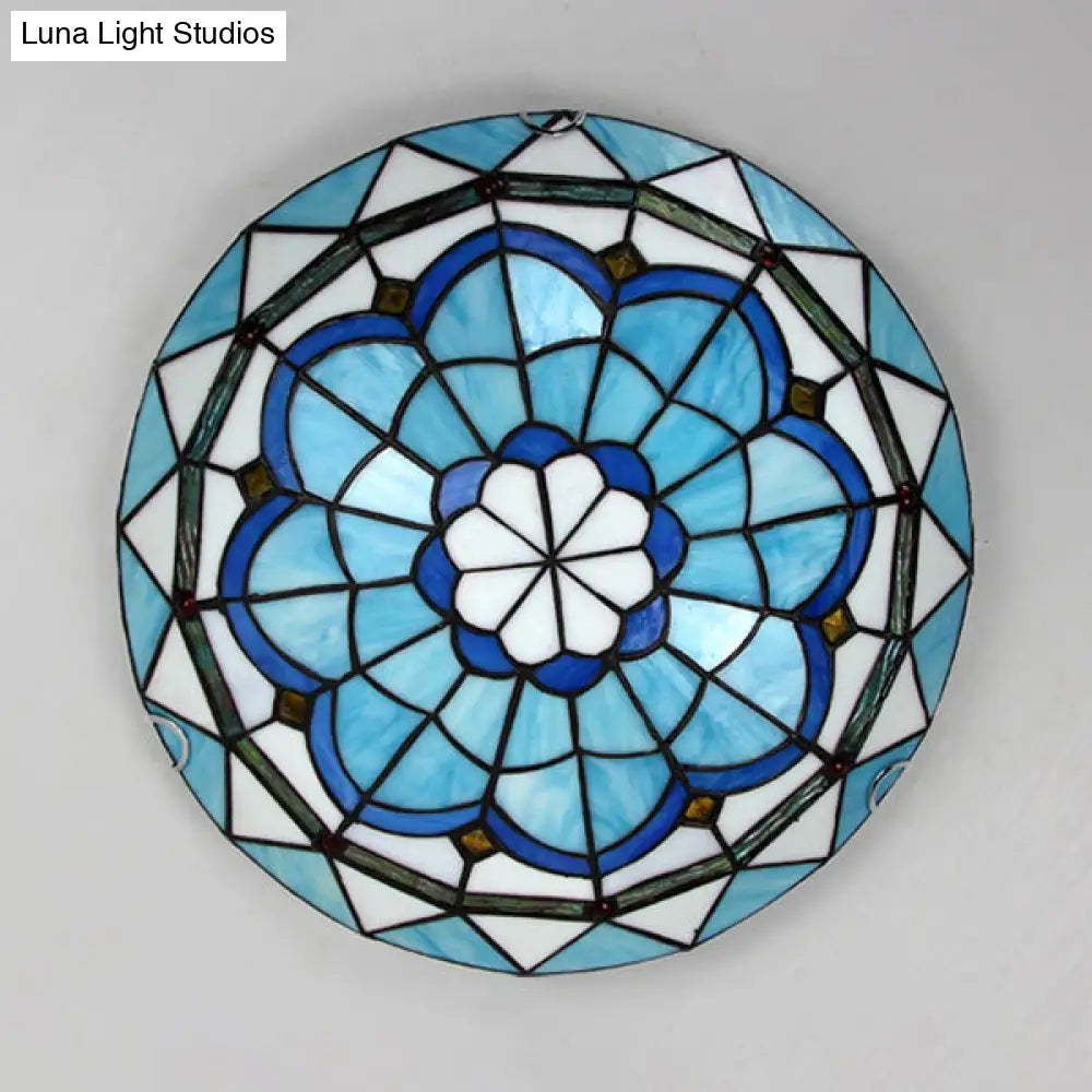 Vintage Stained Glass Flush Mount Ceiling Light In Blue - 12’/16’ Bowl Shape