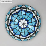 Vintage Stained Glass Flush Mount Ceiling Light In Blue - 12’/16’ Bowl Shape
