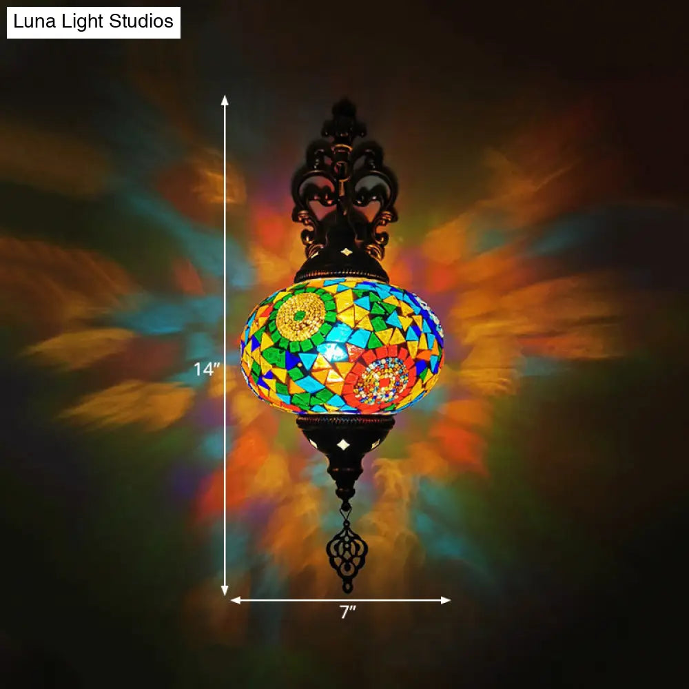 Vintage Stained Glass Globe Wall Sconce - Artistic Indoor Lamp With White/Red/Orange Lighting
