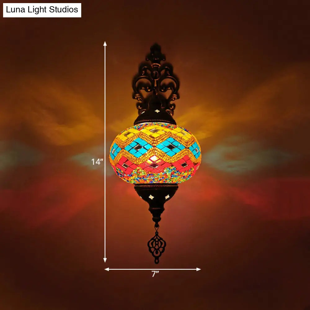 Vintage Stained Glass Globe Wall Sconce - Artistic Indoor Lamp With White/Red/Orange Lighting