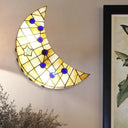 Vintage Stained Glass Moon Shape Wall Sconce For Hallway - 1-Light Light Beige