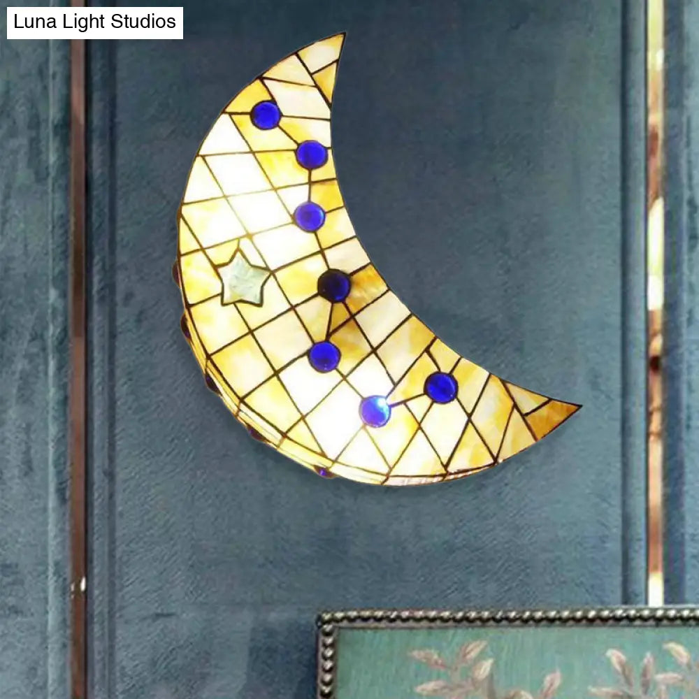 Vintage Stained Glass Moon Shape Wall Sconce For Hallway - 1-Light Light