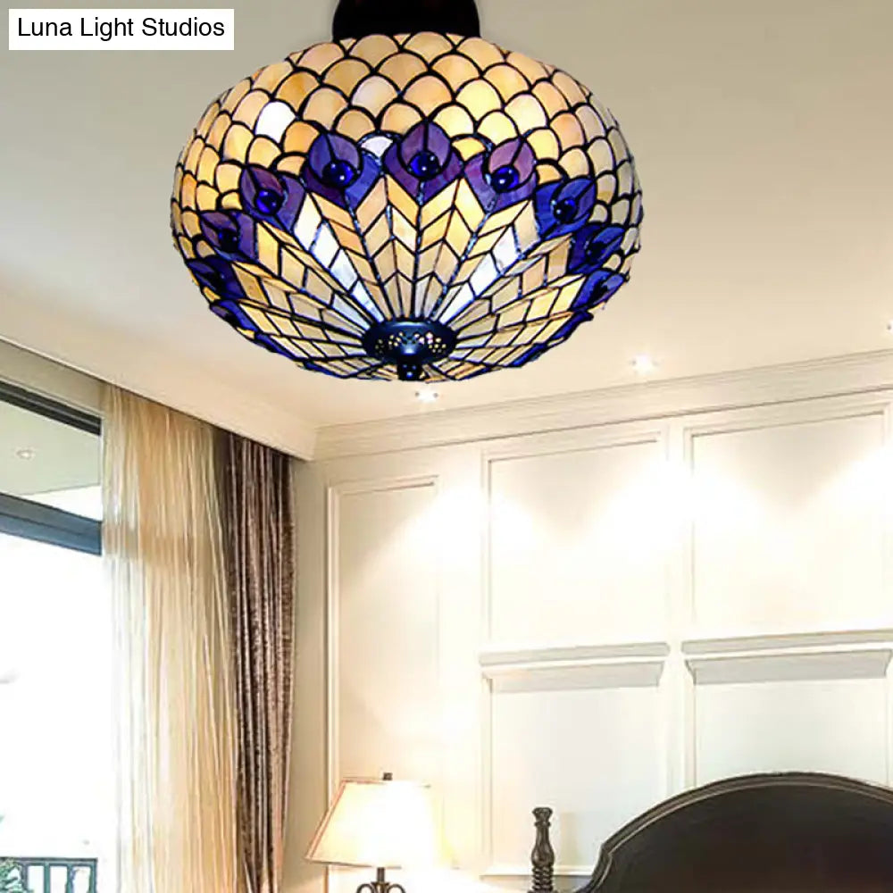 Vintage Stained Glass Peacock Pattern Semi Flush Ceiling Light With 3 Lights For Bedroom Lighting