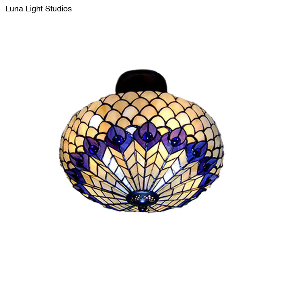 Vintage Stained Glass Peacock Pattern Semi Flush Ceiling Light With 3 Lights For Bedroom Lighting