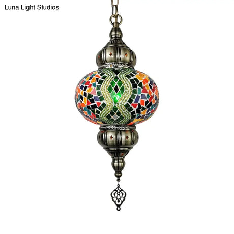 Vintage Stained Glass Pendant Lamp - Red/Orange/Green Oval Single Head Suspension Lighting