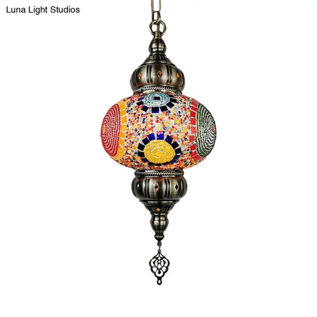 Vintage Stained Glass Pendant Lamp - Red/Orange/Green Oval Single Head Suspension Lighting