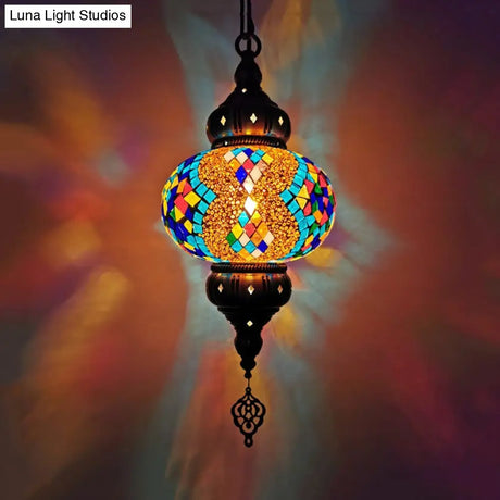 Vintage Stained Glass Pendant Lamp - Red/Orange/Green Oval Single Head Suspension Lighting